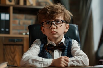 Poster - A young boy wearing glasses sitting at a desk. Suitable for educational and school-related projects