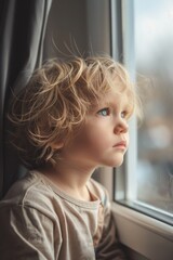 Aufkleber - A young child looking out a window. Suitable for various projects
