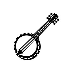 Rustic Rhythms: Black Vector Silhouette of a Banjo, Icon of Bluegrass and Folk Music- Banjo illustration- minimalist banjo vector silhouette.