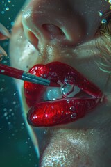 Poster - Close up shot of a person wearing vibrant red lipstick, perfect for beauty and makeup concepts