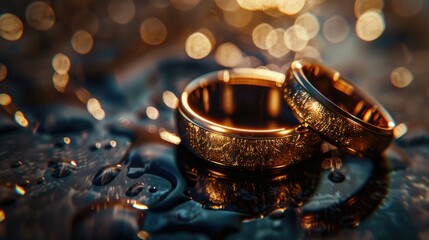 Poster - Two gold wedding rings displayed on a table, suitable for wedding or marriage concepts