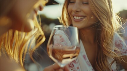 Poster - Two women holding glasses of wine, suitable for social event concept