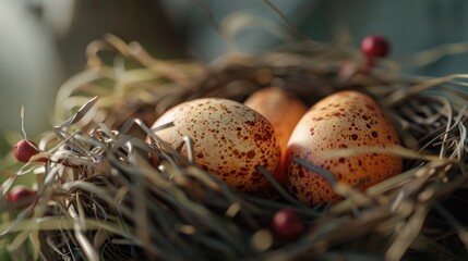 Aufkleber - Three eggs in a nest on a table. Suitable for farm or kitchen themes