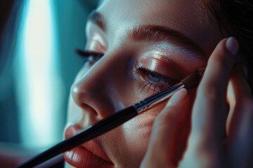 Poster - Close up of person using mascara brush, perfect for beauty and makeup concepts