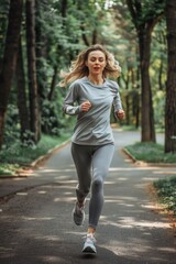 Poster - A woman running down a path in a park. Suitable for health and fitness concept