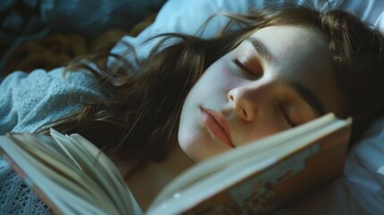Poster - A girl peacefully reading a book in bed, perfect for lifestyle or relaxation concepts