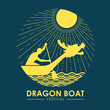 Dragon boat festival - Yellow gold dragon boat and boater on water river and sunlight with dashed line in circle shape on blue background vector design