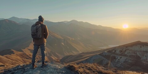 Wall Mural - A man standing on top of a mountain with a backpack. Suitable for outdoor adventure concepts