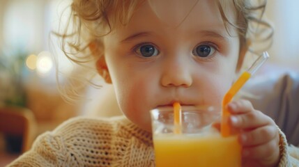Poster - Young girl enjoying a glass of orange juice, suitable for food and beverage concepts