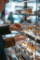 Poster - A man browsing perfumes in a store. Great for beauty and shopping concepts