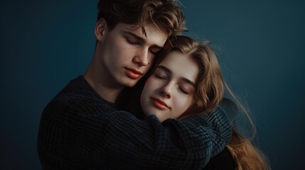 Poster - A man and a woman hugging each other. Suitable for relationship and love concepts