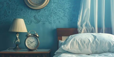 An alarm clock sitting on top of a bed next to a night stand. Suitable for bedroom or morning routine concepts