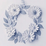 Fototapeta Dmuchawce - Flowers arranged in a circle, light blue paper floral garland, top view, with space for text