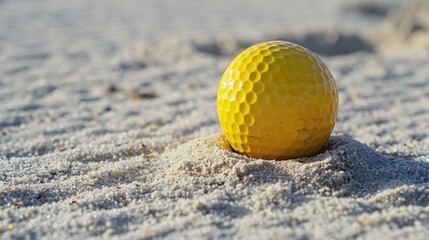 Aufkleber - A yellow golf ball resting in the sand, suitable for sports and recreational concepts