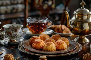 Wall Mural - A table with plates of pastries and a tea pot. Suitable for food and beverage concepts
