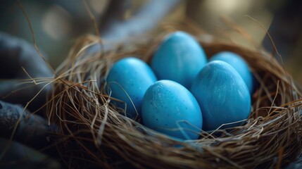 Poster - A nest with four blue eggs, suitable for various nature themes