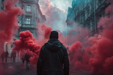 Poster - A man standing in a street with red smoke, suitable for urban and dramatic themes