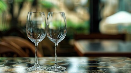 Poster - Two empty wine glasses sitting on a table. Perfect for restaurant or bar promotions