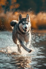Poster - A husky dog running through a body of water, suitable for outdoor and pet-related designs
