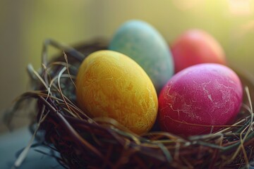 Poster - Close up of a nest with four colored eggs, perfect for spring themes