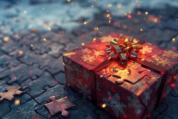 Poster - Red gift box sitting on top of a puzzle piece, perfect for holiday concepts