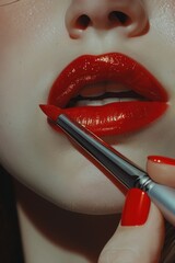 Poster - Close-up of a person putting on lipstick. Suitable for beauty and makeup concepts