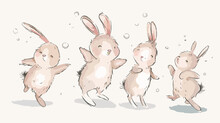 Four Doodle Bunnies. Dancing Standing Fighting Running