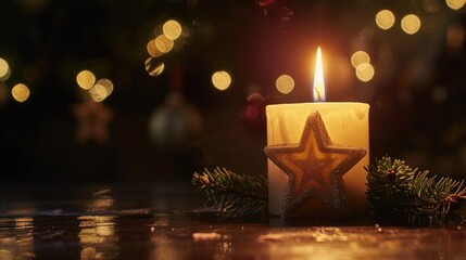 Aufkleber - A lit candle on a rustic wooden table. Suitable for home decor or relaxation concept