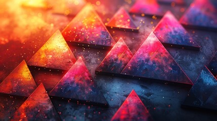 Poster - A background composed of overlapping geometric shapes in vibrant gradients, reminiscent of classic video game graphics.