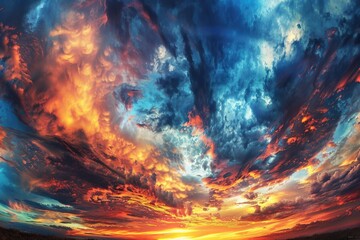 Poster - Colorful sky with clouds and a bench in the foreground. Suitable for various outdoor themes