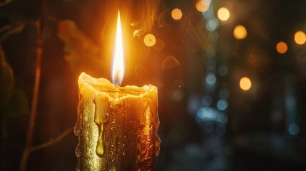 Poster - A single lit candle in a forest setting. Can be used for themes of solitude and nature