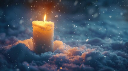 Poster - A lit candle sitting in the snow, suitable for winter themes