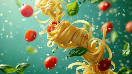 Poster - Fresh pasta dish with vibrant cherry tomatoes and fragrant basil leaves. Perfect for food blogs or Italian cuisine websites
