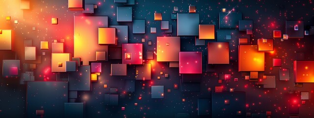 Poster - A background composed of overlapping geometric shapes in vibrant gradients, reminiscent of classic video game graphics.