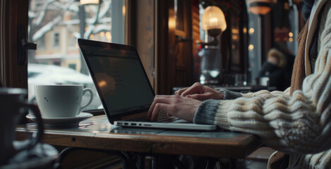 Aufkleber - A person sitting at a table with a laptop. Suitable for business or education concepts