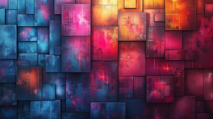 Poster - A background composed of overlapping geometric shapes in vibrant gradients, reminiscent of classic video game graphics.