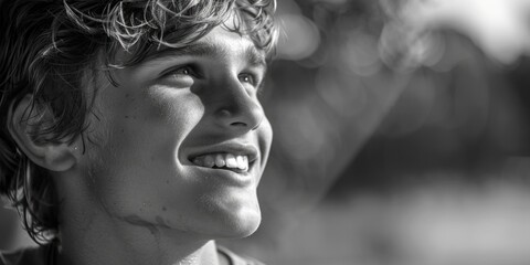 Wall Mural - Black and white photo of a smiling young man. Suitable for various projects