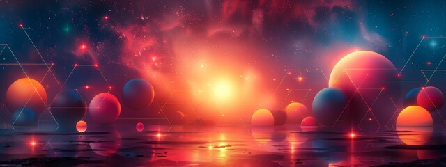 Poster - A background composed of overlapping geometric shapes in vibrant gradients, reminiscent of classic video game graphics.