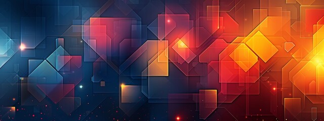 Poster - A background composed of overlapping geometric shapes in vibrant gradients, reminiscent of classic video game graphics.