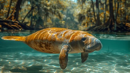 Wall Mural - A manatee gracefully glides underwater in a lake near a forest