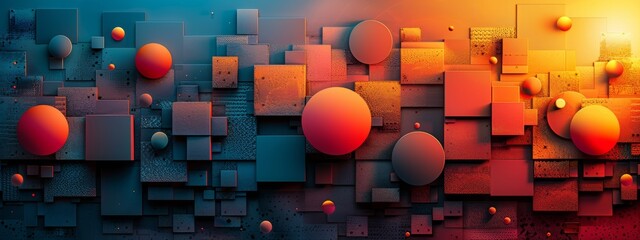 Poster - A background composed of overlapping geometric shapes in vibrant gradients, reminiscent of classic video game graphics.