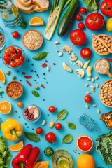 Poster - Fresh assortment of fruits and vegetables on a vibrant blue background. Perfect for healthy eating concepts