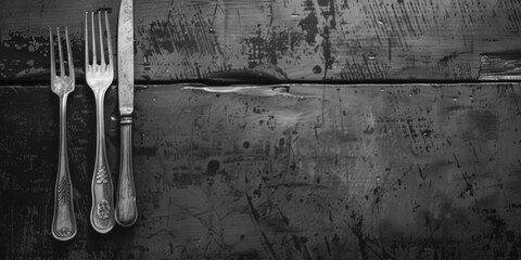 Poster - Kitchen utensils - knife, fork and spoon on a wooden table. Suitable for food blogs or restaurant menus