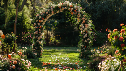 Wall Mural - A wedding arch made of flowers in a forest setting

