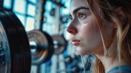 Poster - A woman with long hair working out in a gym. Suitable for fitness and health-related projects