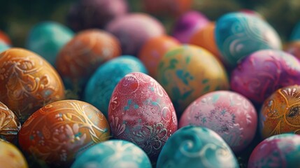 Poster - A pile of colorful painted eggs stacked on top of each other. Ideal for Easter holiday designs