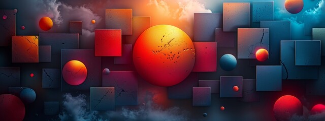 Poster - A background composed of overlapping geometric shapes in vibrant gradients, reminiscent of classic video game graphics.