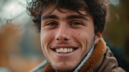Aufkleber - A young man with curly hair smiling at the camera. Suitable for various commercial and personal projects