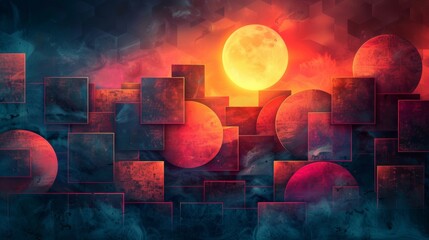 Poster - A background composed of overlapping geometric shapes in vibrant gradients, reminiscent of classic video game graphics.