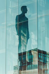 Poster - A man standing in front of a modern glass building. Perfect for corporate and urban concepts